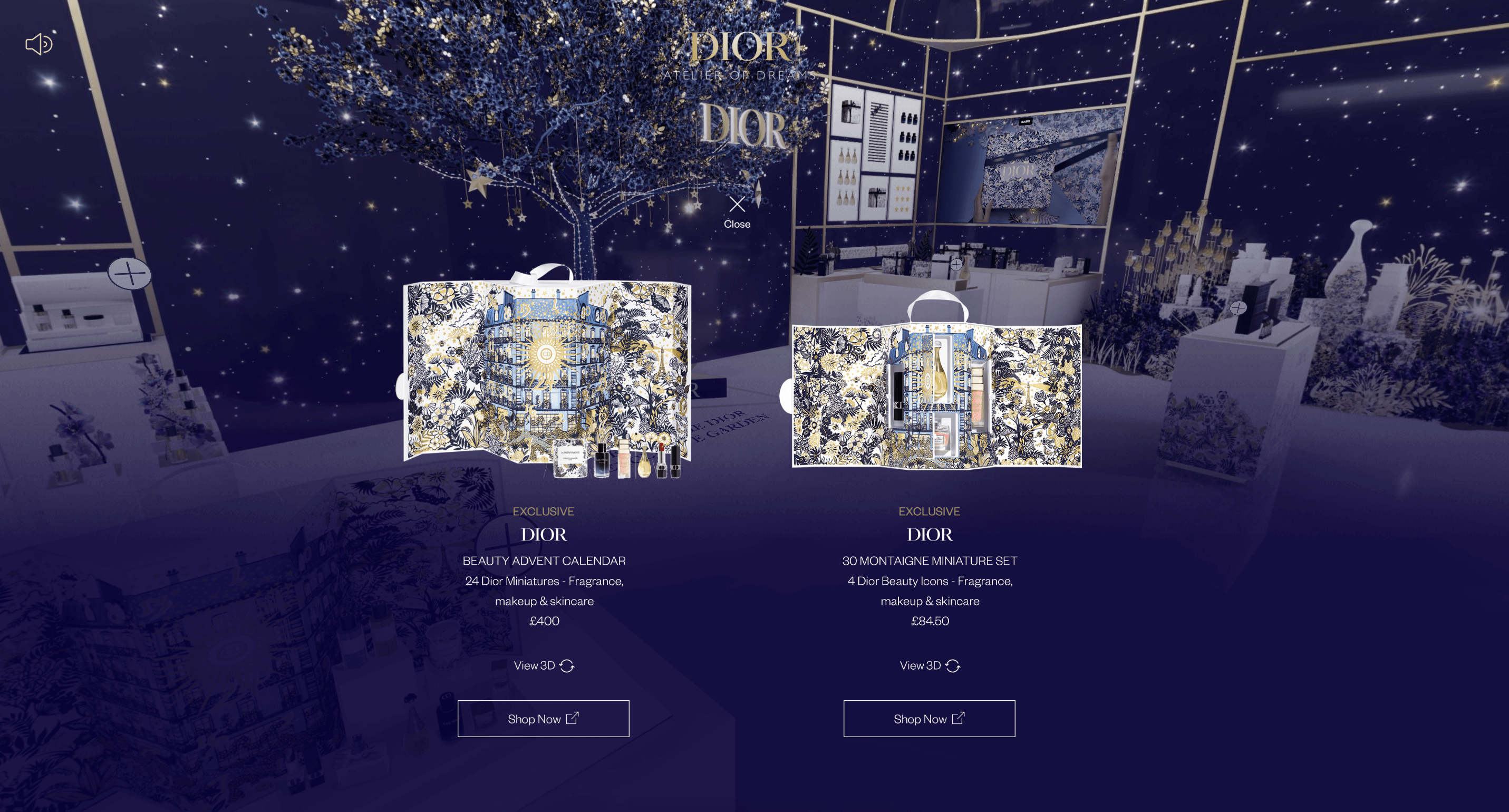 展廳內部的交互界面，顯示產品點擊熱點與提示